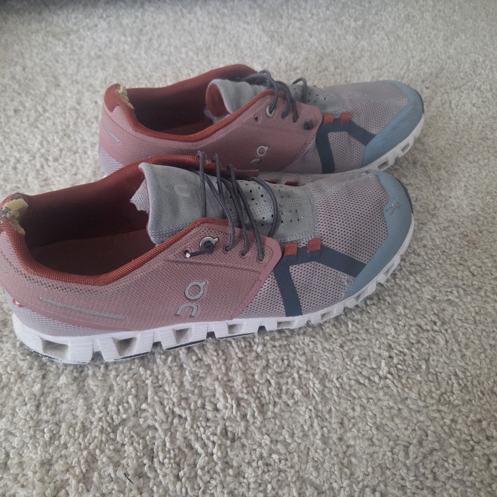 On Running Coral and Gray Athletic Shoes